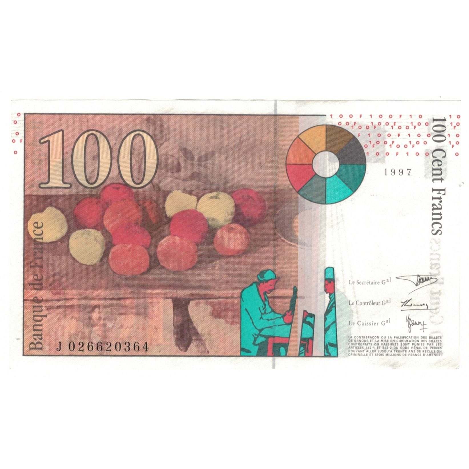 France, 100 Francs, Cézanne, 1997, J026620364, UNC(65-70), Fayette:F74.01