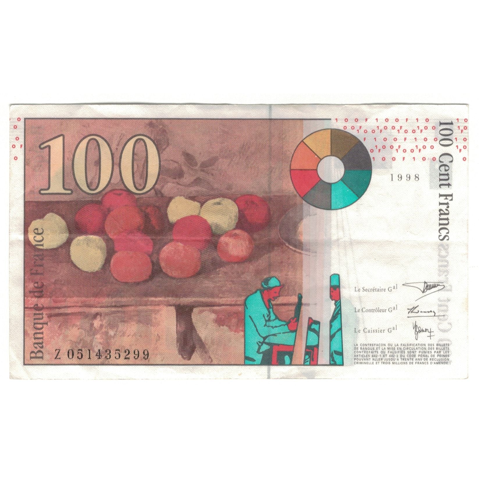 France, 100 Francs, Cézanne, 1998, Z051435299, EF(40-45), Fayette:74.2, KM:158a