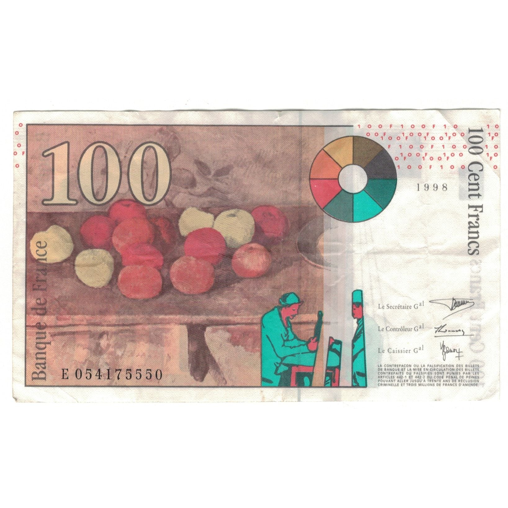 France, 100 Francs, Cézanne, 1998, E054175550, EF(40-45), Fayette:74.2, KM:158a