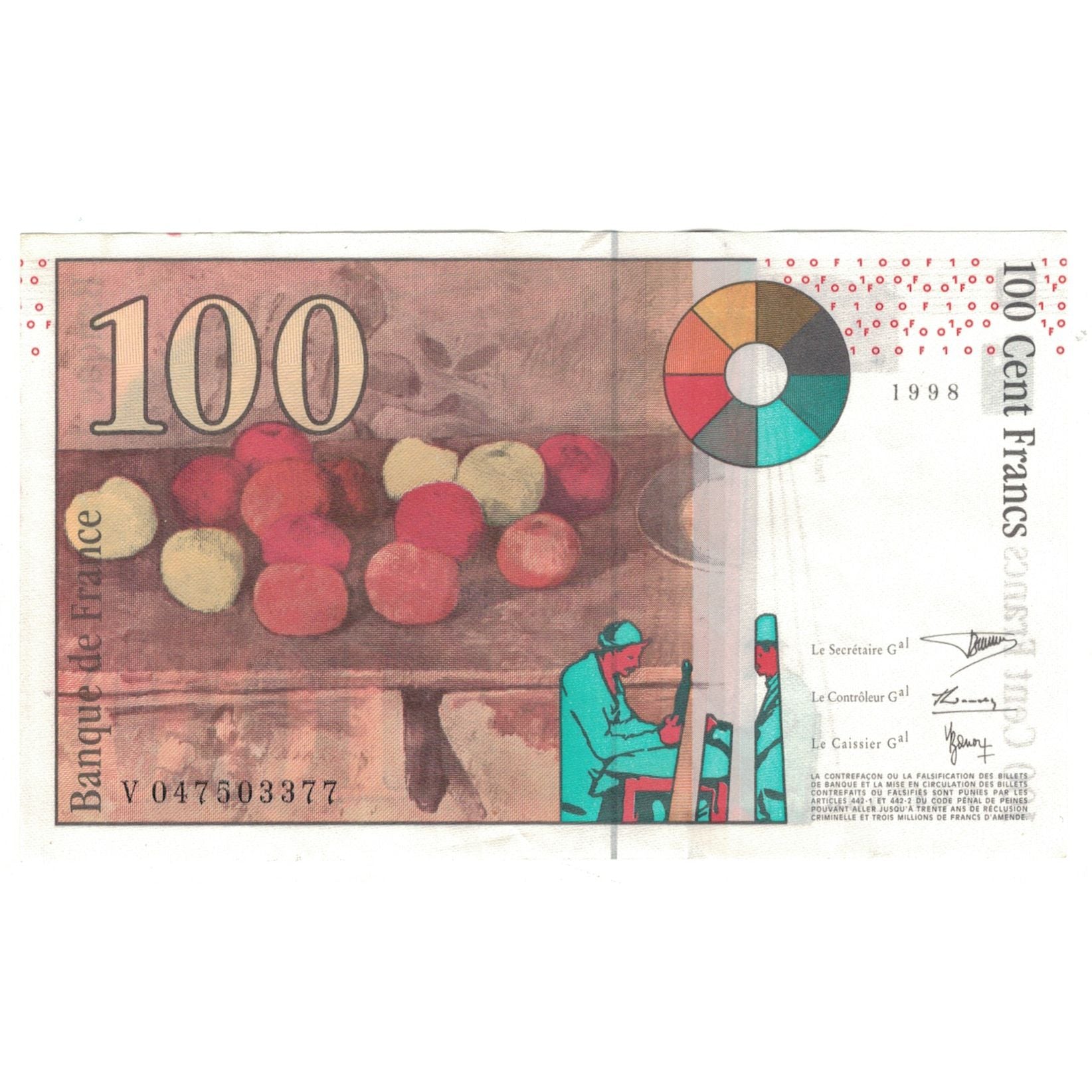 França, 100 Francs, Cézanne, 1998, V047506377, UNC(63), Fayette:74.2, KM:158a