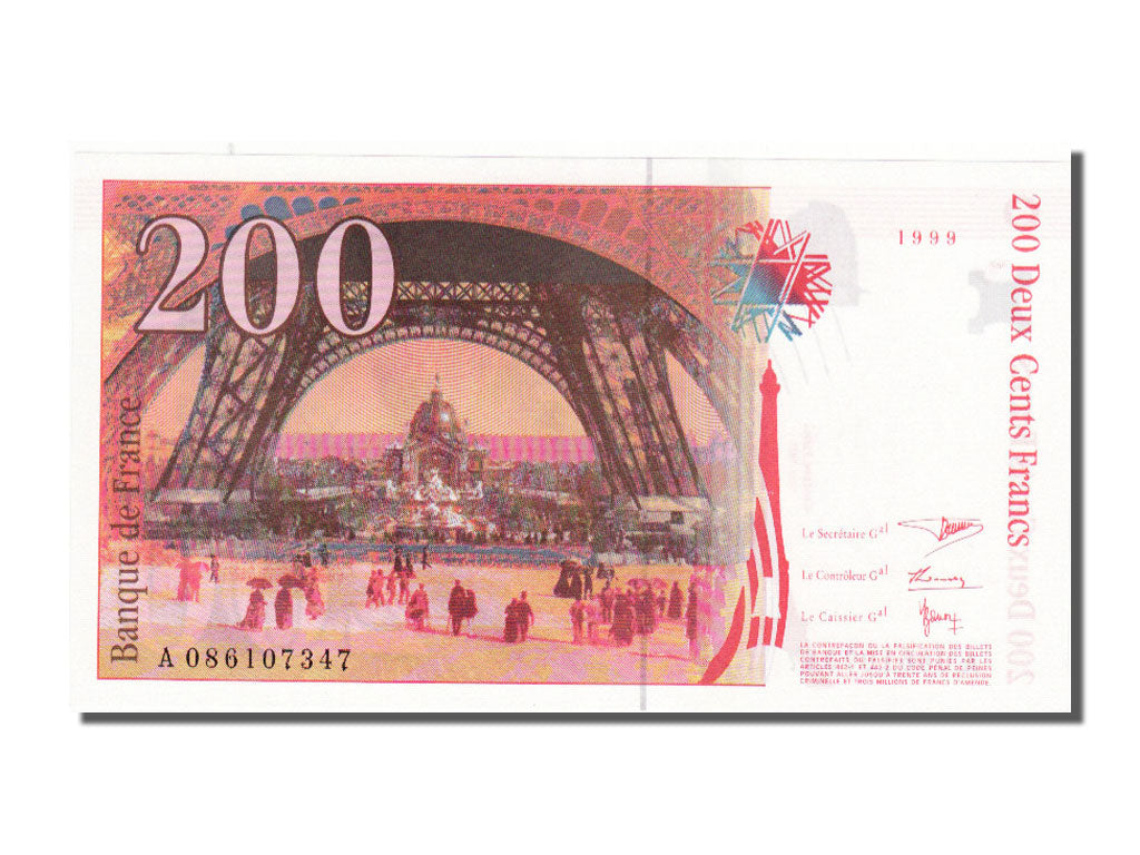 France, 200 Francs, 200 F 1995-1999 ''Eiffel'', 1999, KM #159c, UNC(65-70),...