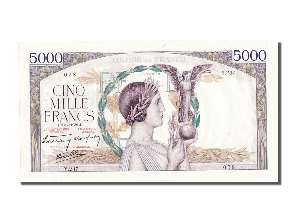 Banknote, France, 5000 Francs, 5 000 F 1934-1944 ''Victoire'', 1939, 1939-07-20