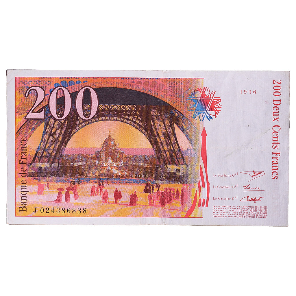 France, 200 Francs, Eiffel, 1996, J024386838, VF(20-25), Fayette:75.02, KM:159a