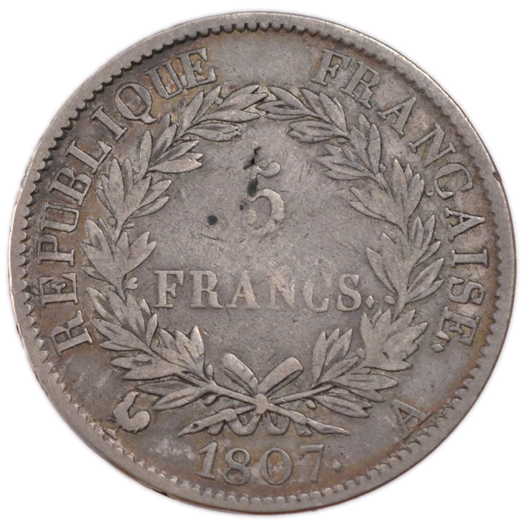 FRANCE, Napoléon I, 5 Francs, 1807, Paris, VF(30-35), Silver, Gadoury #582, 2...