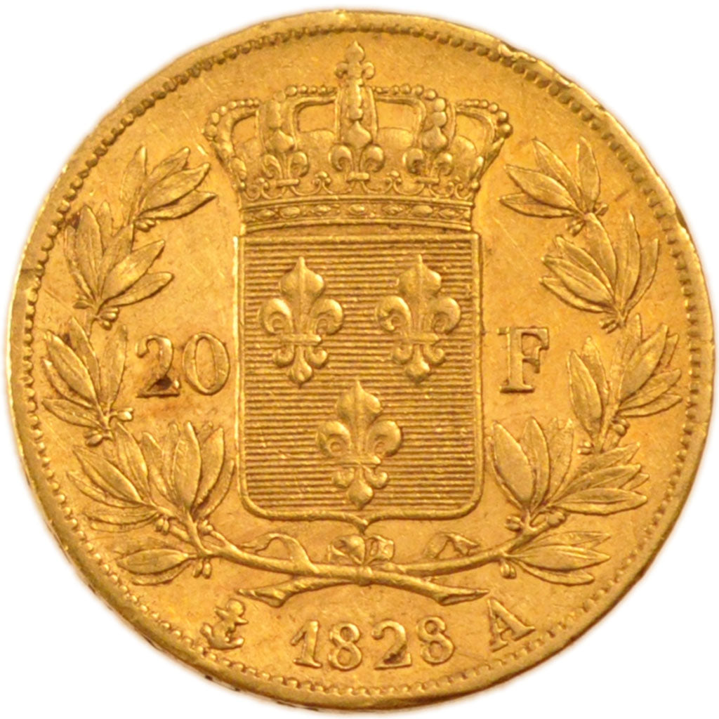 FRANCE, Charles X, 20 Francs, 1828, Paris, KM #726.1, AU(50-53), Gold, Gadoury..