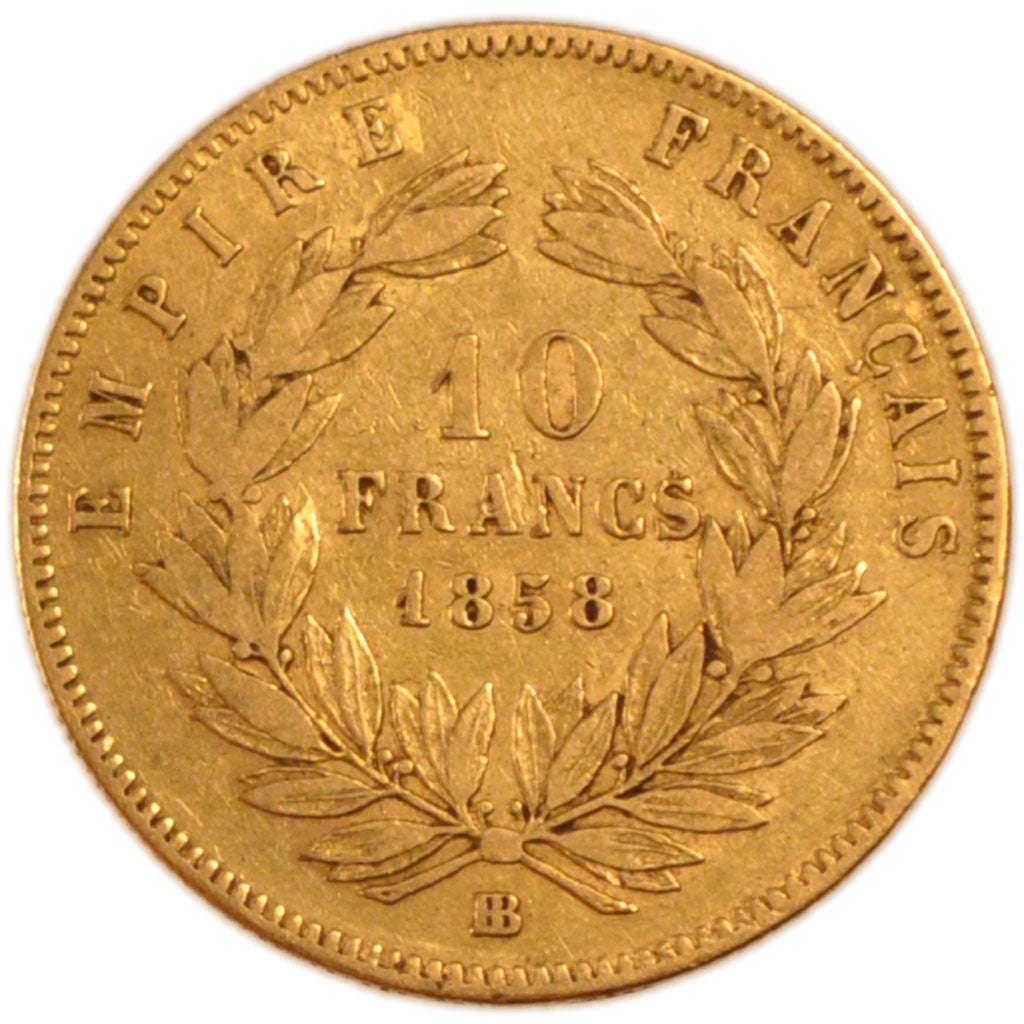 FRANCE, Napoléon III, 10 Francs, 1858, Strasbourg, KM #784.4, VF(30-35), Gold, G