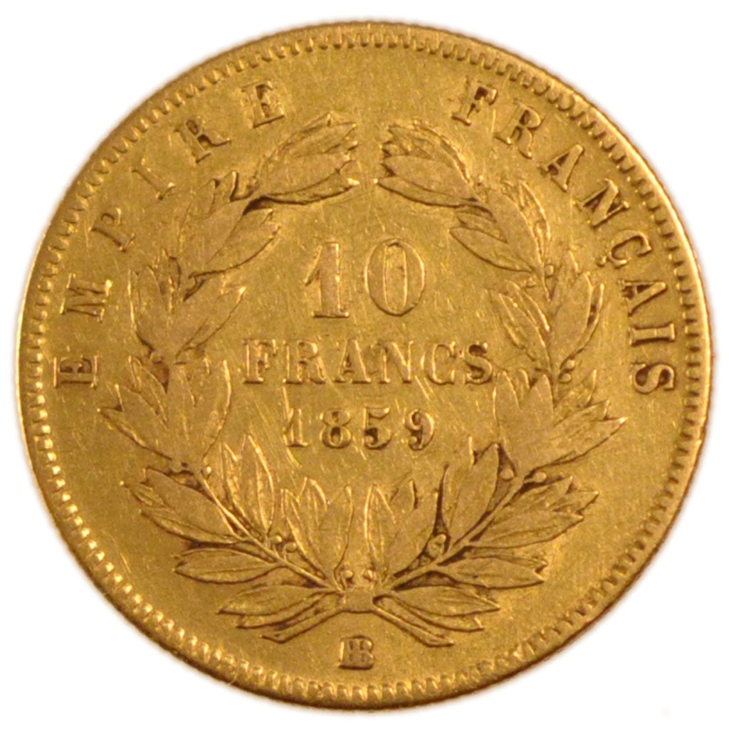 FRANCE, Napoléon III, 10 Francs, 1859, Strasbourg, VF(30-35), Gold, Gadoury #...