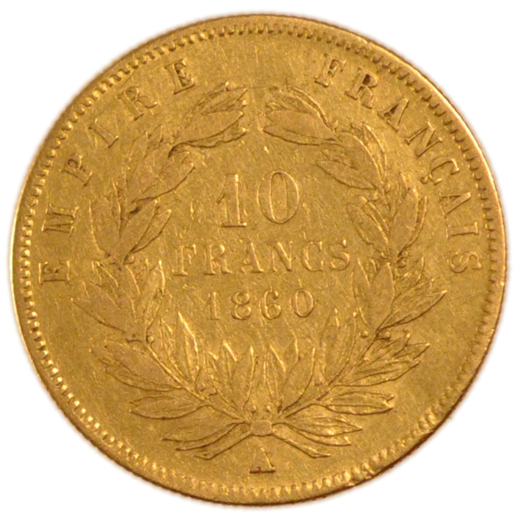 FRANCE, Napoléon III, 10 Francs, 1860, Paris, KM #784.3, VF(30-35), Gold, Gadour