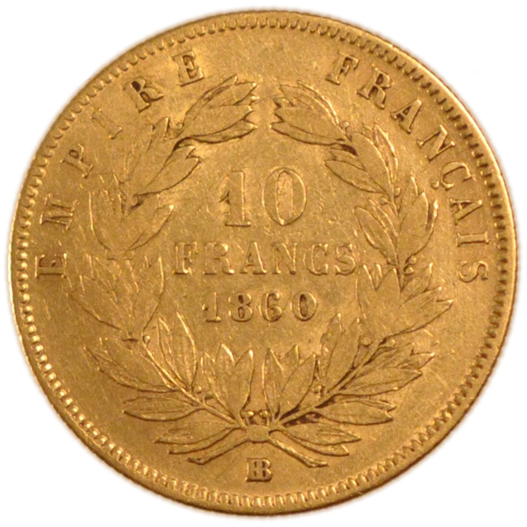 FRANCE, Napoléon III, 10 Francs, 1860, Strasbourg, VF(30-35), Gold, Gadoury #...