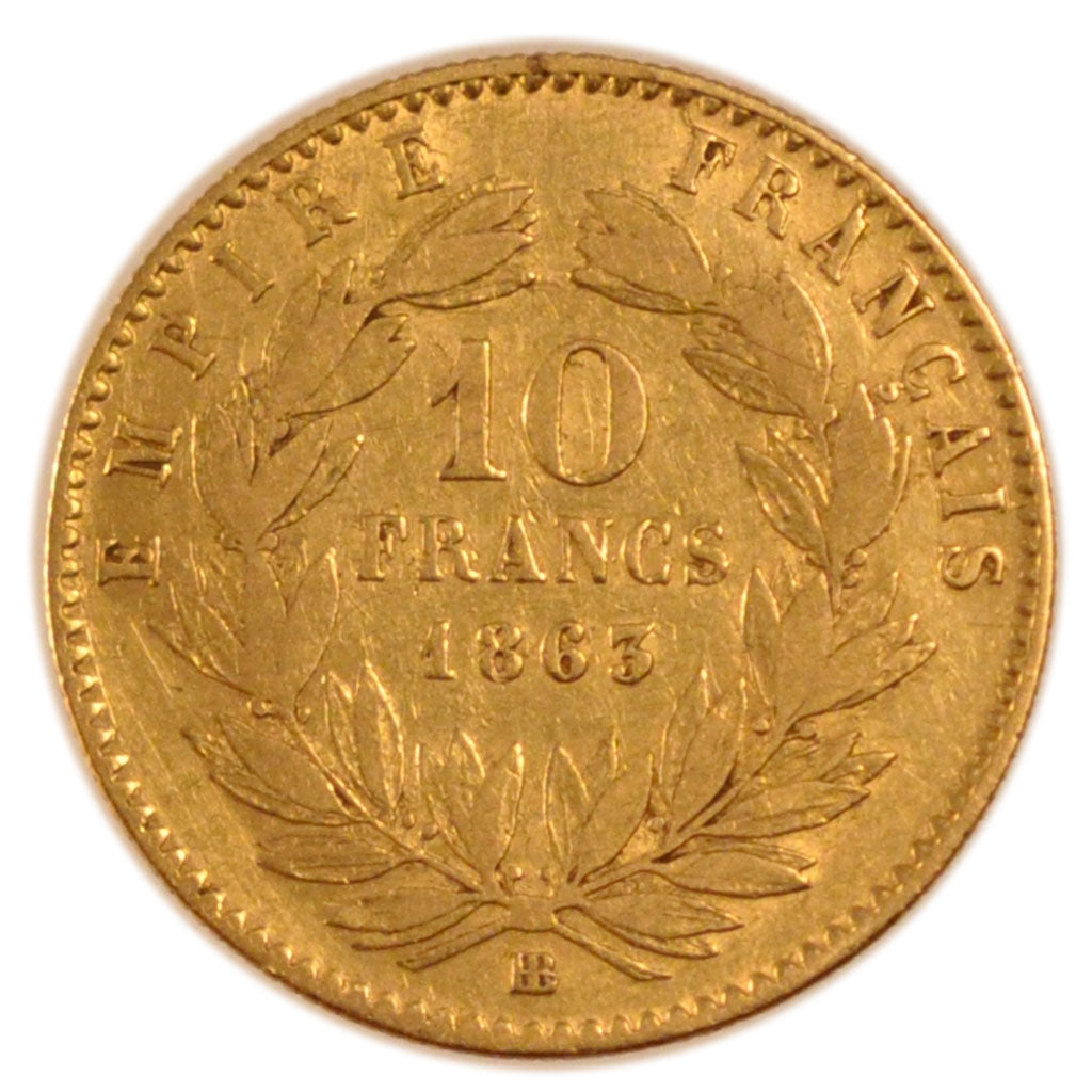 FRANCE, Napoléon III, 10 Francs, 1863, Strasbourg, KM #800.2, VF(30-35), Gold, G