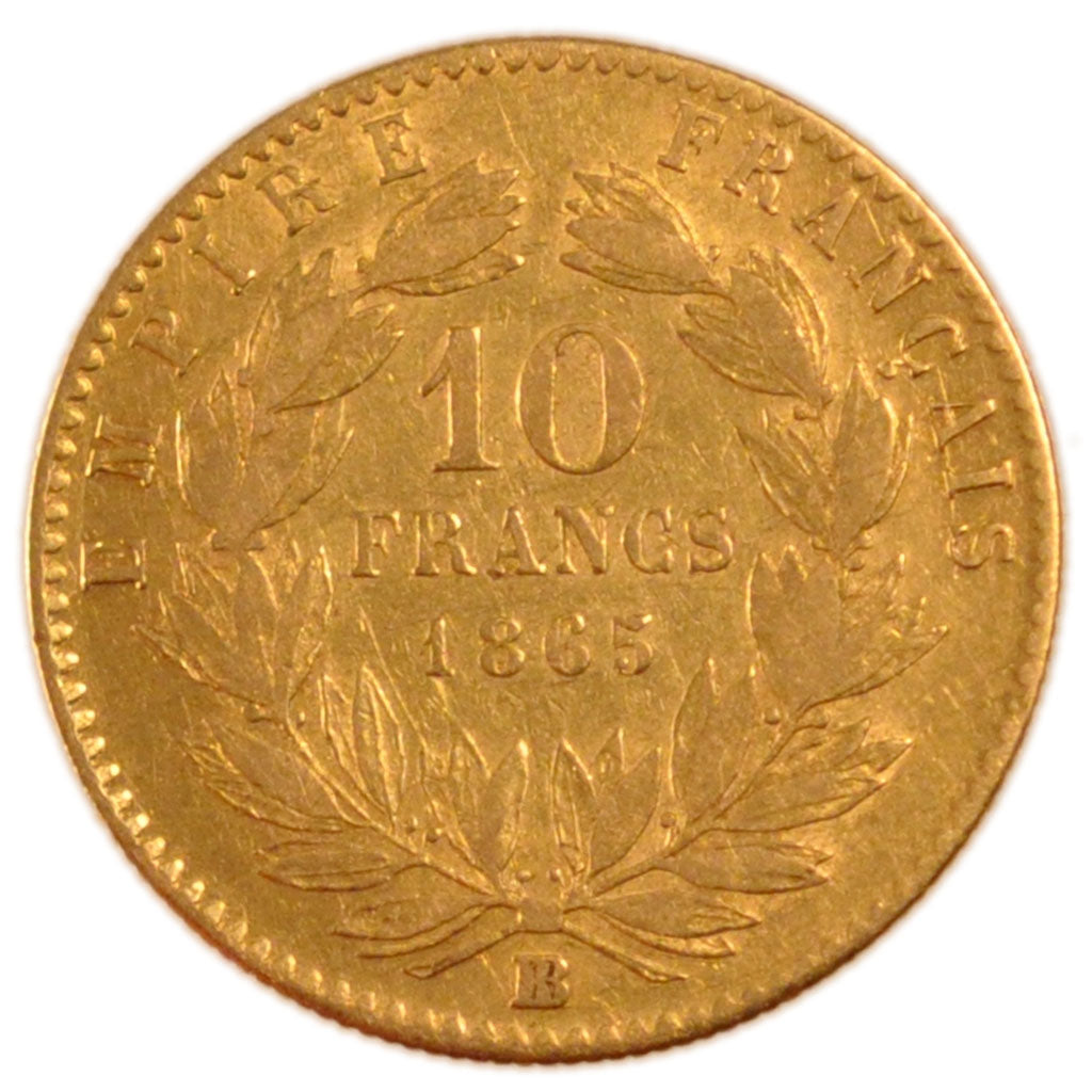 FRANCE, Napoléon III, 10 Francs, 1865, Strasbourg, EF(40-45), Gold, Gadoury #...
