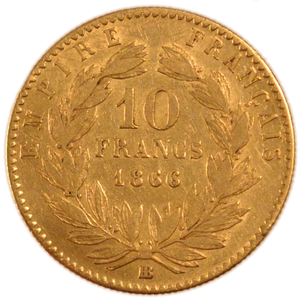 FRANCE, Napoléon III, 10 Francs, 1866, Strasbourg, KM #800.2, EF(40-45), Gold, G
