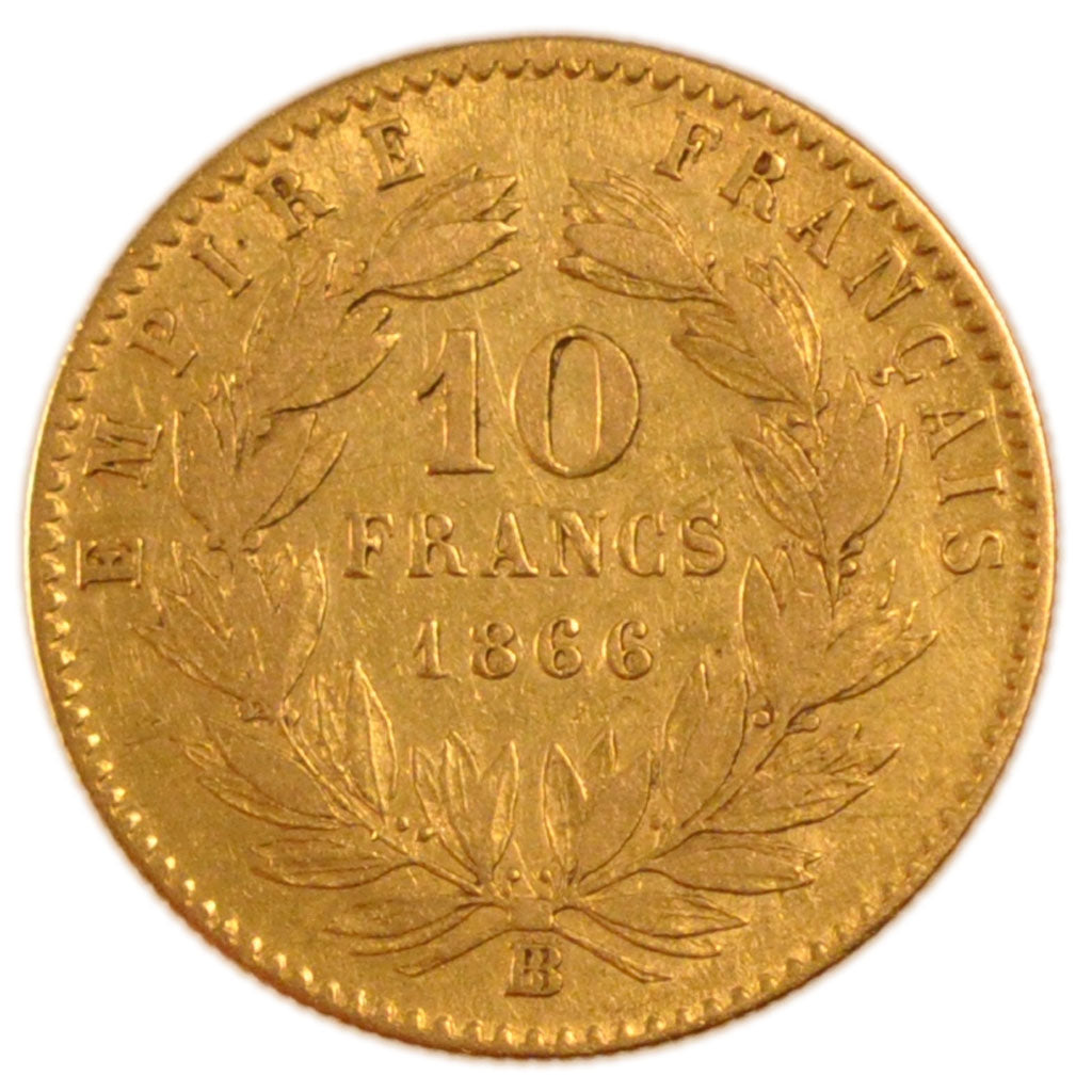 FRANCE, Napoléon III, 10 Francs, 1866, Strasbourg, EF(40-45), Gold, Gadoury #...