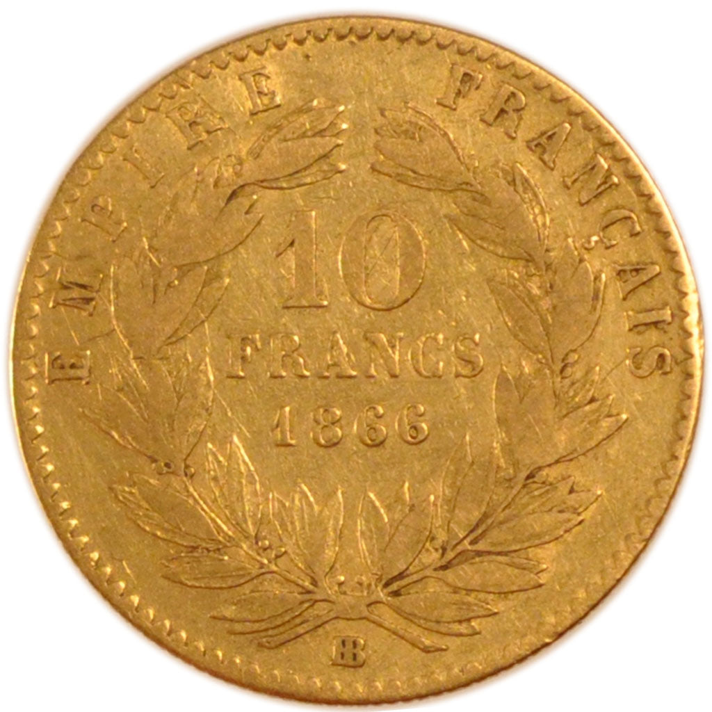 FRANCE, Napoléon III, 10 Francs, 1866, Strasbourg, KM #800.2, VF(30-35), Gold, G