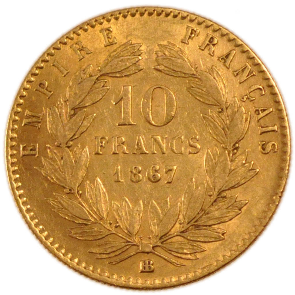 FRANCE, Napoléon III, 10 Francs, 1867, Strasbourg, KM #800.2, AU(50-53), Gold, G