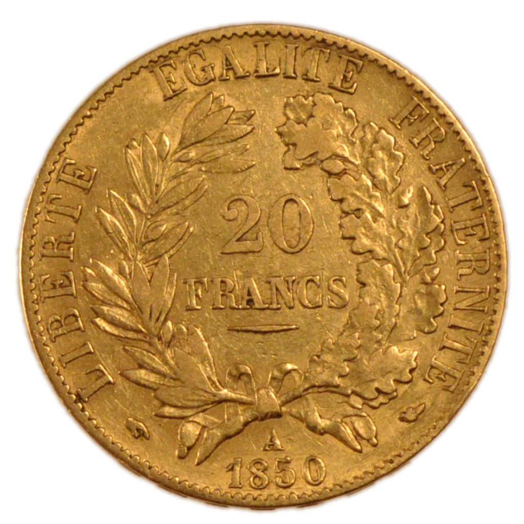 FRANCE, 20 Francs, 1850, Paris, EF(40-45), Gold, Gadoury #1059, 6.40