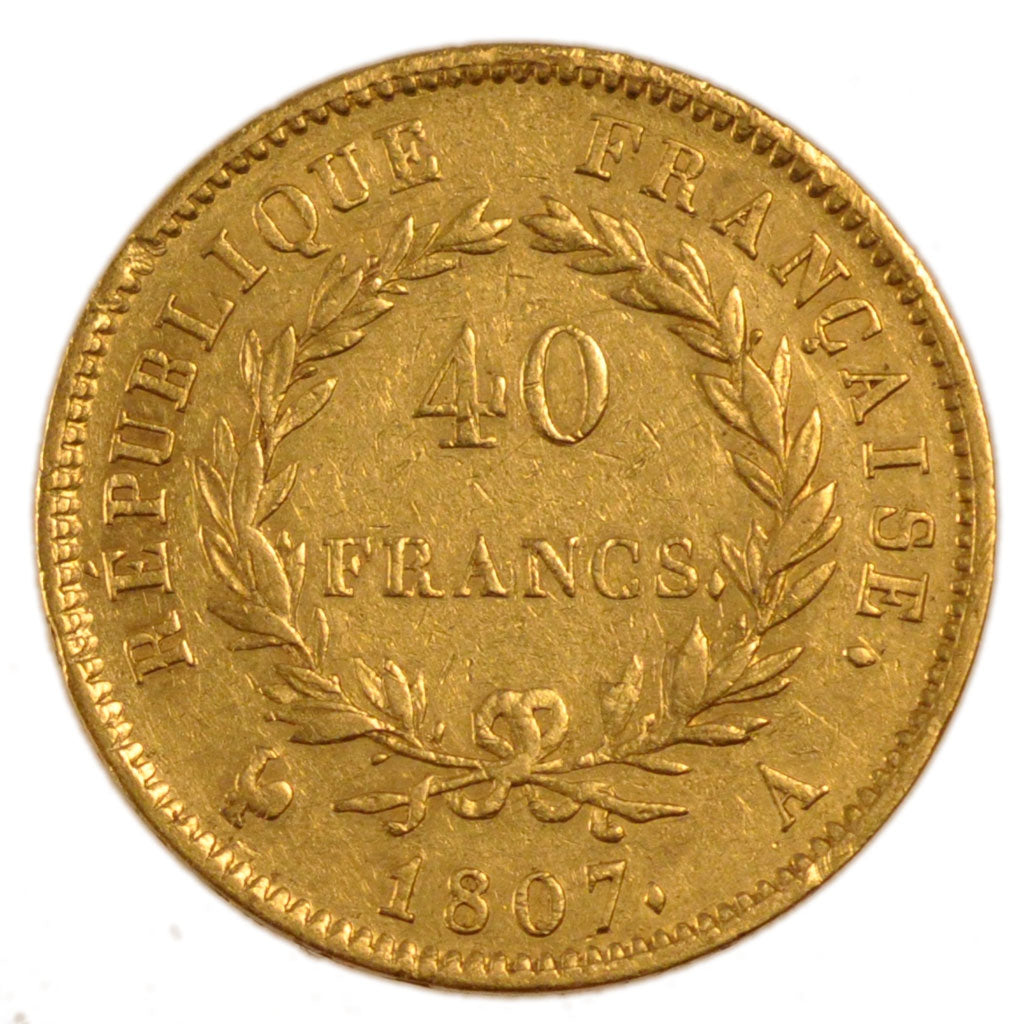 FRANCE, Napoléon I, 40 Francs, 1807, Paris, KM #688.1, EF(40-45), Gold, Gadoury 