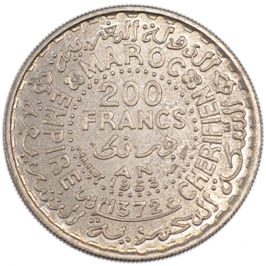 Morocco, 200 Francs, 1953, MS(65-70), Silver, Lecompte #290, 8.00