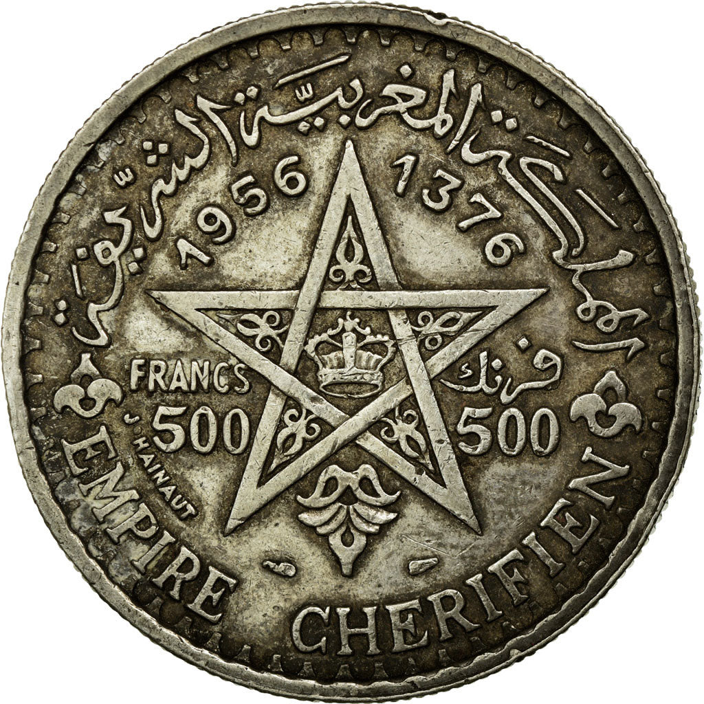 Coin, Morocco, Mohammed V, 500 Francs, 1956, AU(50-53), Silver, Lecompte:293