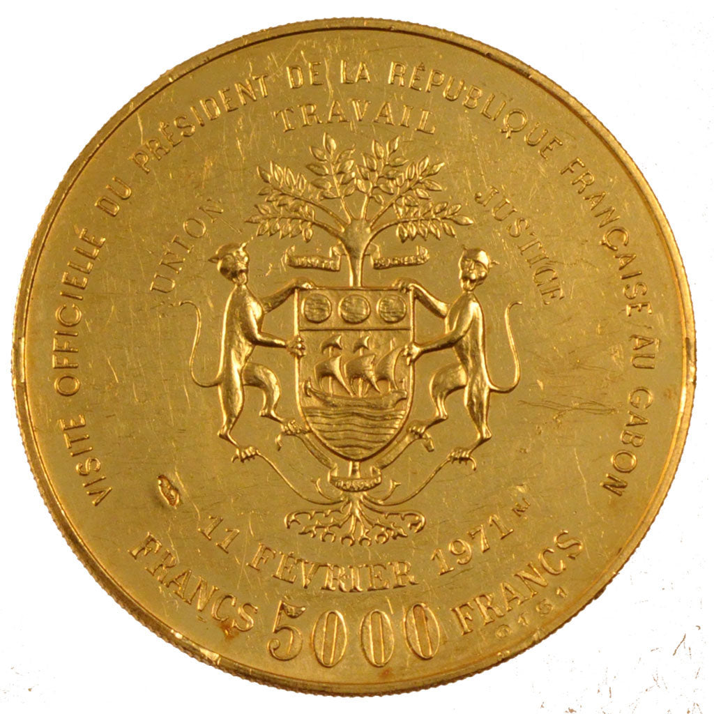 Gabon, 5000 Francs, 1971, KM #11, AU(55-58), Gold, 17.52