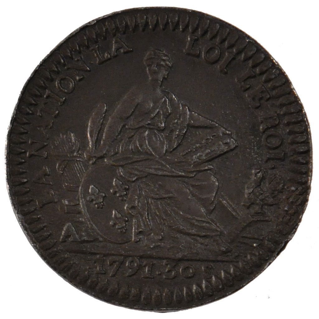 FRANCE, 30 Sols, 1791, AU(55-58), Tin, Brandon #116, 18.12
