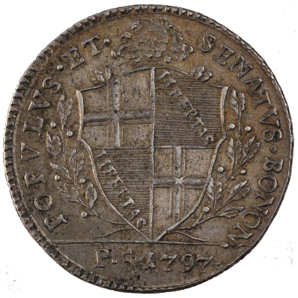 ITALIAN STATES, 5 Paoli, 1/2 Scudo, 1797, Bologna, KM #338, AU(55-58), Silver,..