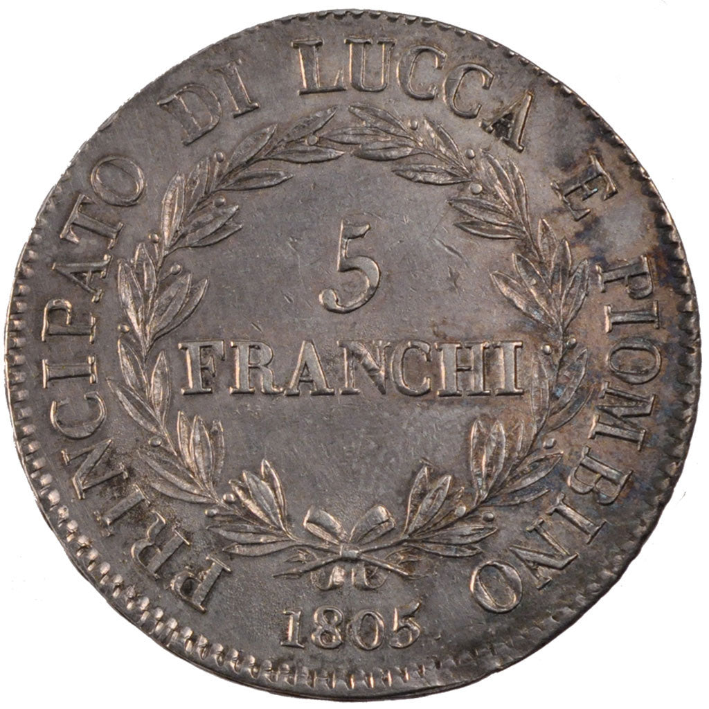 ITALIAN STATES, 5 Franchi, 1805, Firenze, KM #24.2, graded, PCGS, AU(55-58),...