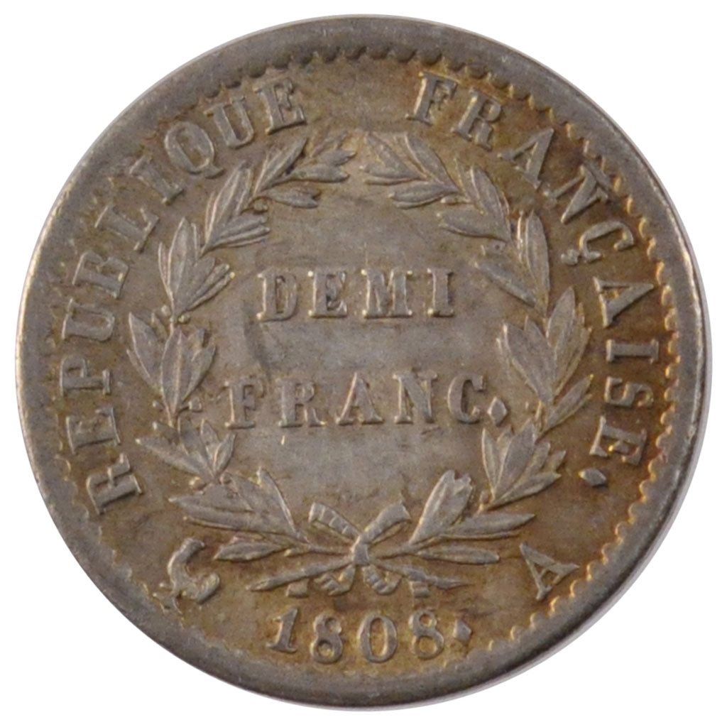 FRANCE, Napoléon I, 1/2 Franc, 1808, Paris, KM #680.1, AU(55-58), Silver, Gadour