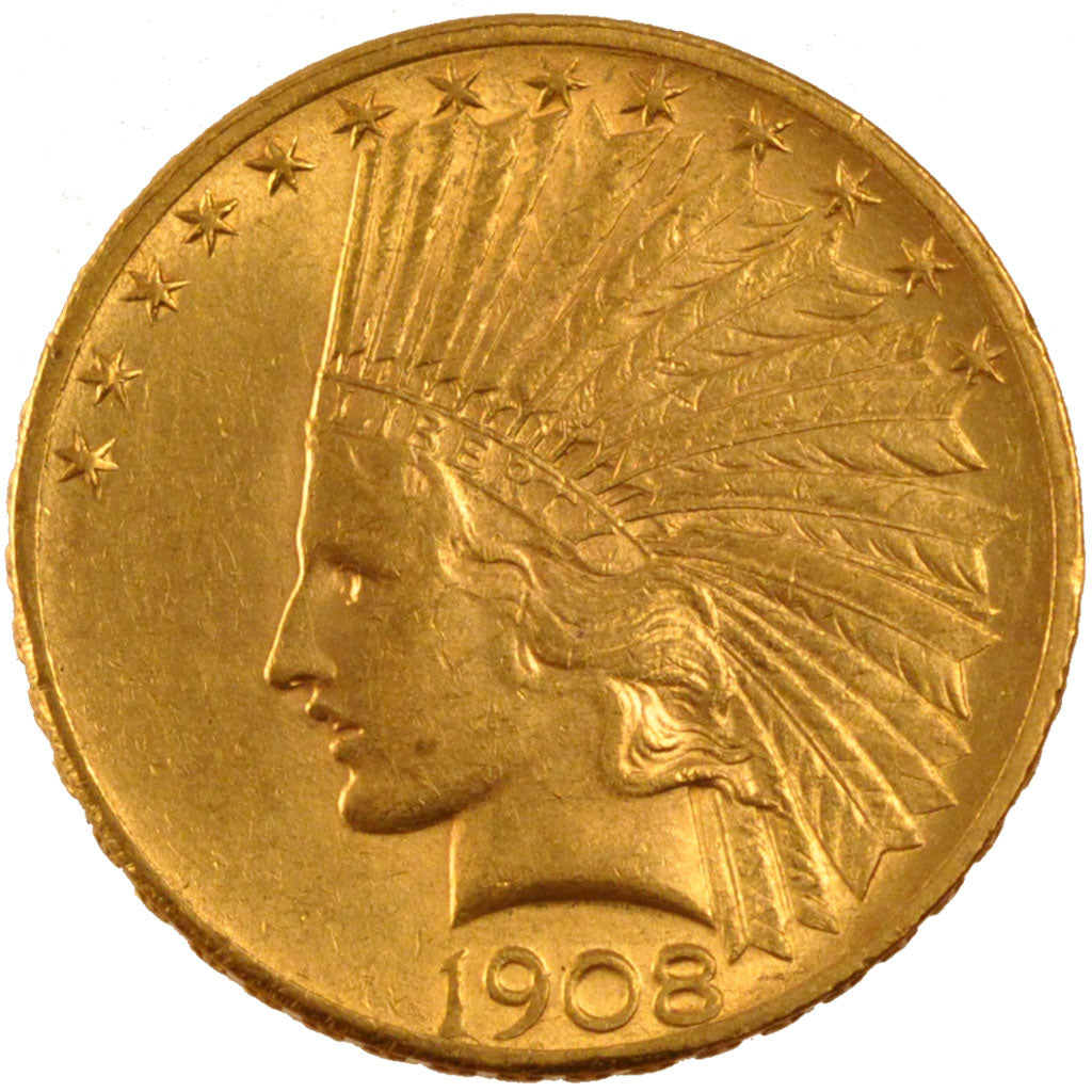 United States, Indian Head, 10 Dollars, 1908, Philadelphia, KM #130, AU(50-53),.