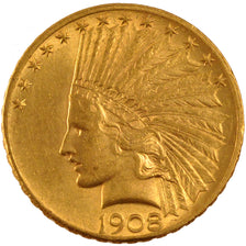 United States, Indian Head, 10 Dollars, 1908, Philadelphia, KM #130, AU(50-53),.