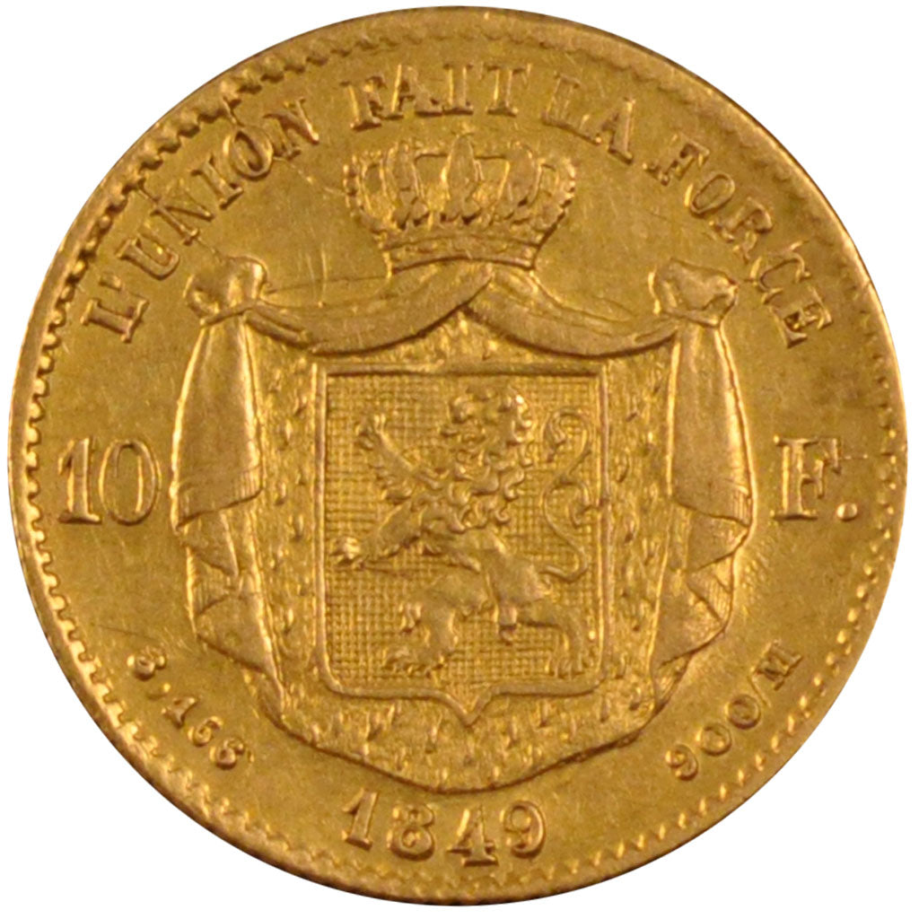 BELGIUM, 10 Francs, 10 Frank, 1849, KM #18, graded, PCGS, AU(55-58), Gold, 3.17