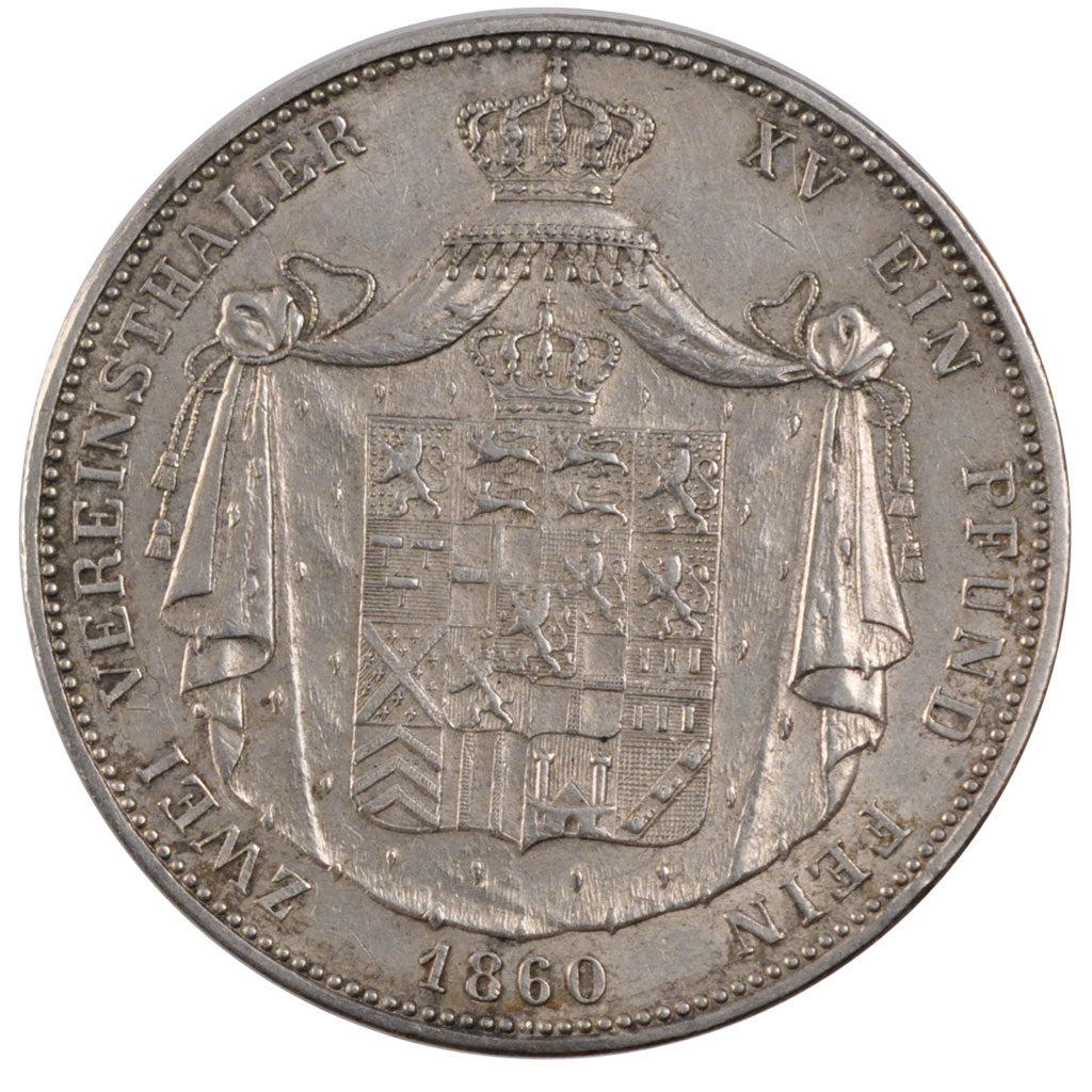 GERMAN STATES, 2 Thaler, 3-1/2 Gulden, 1860, Wiesbaden, KM #76, AU(50-53),...