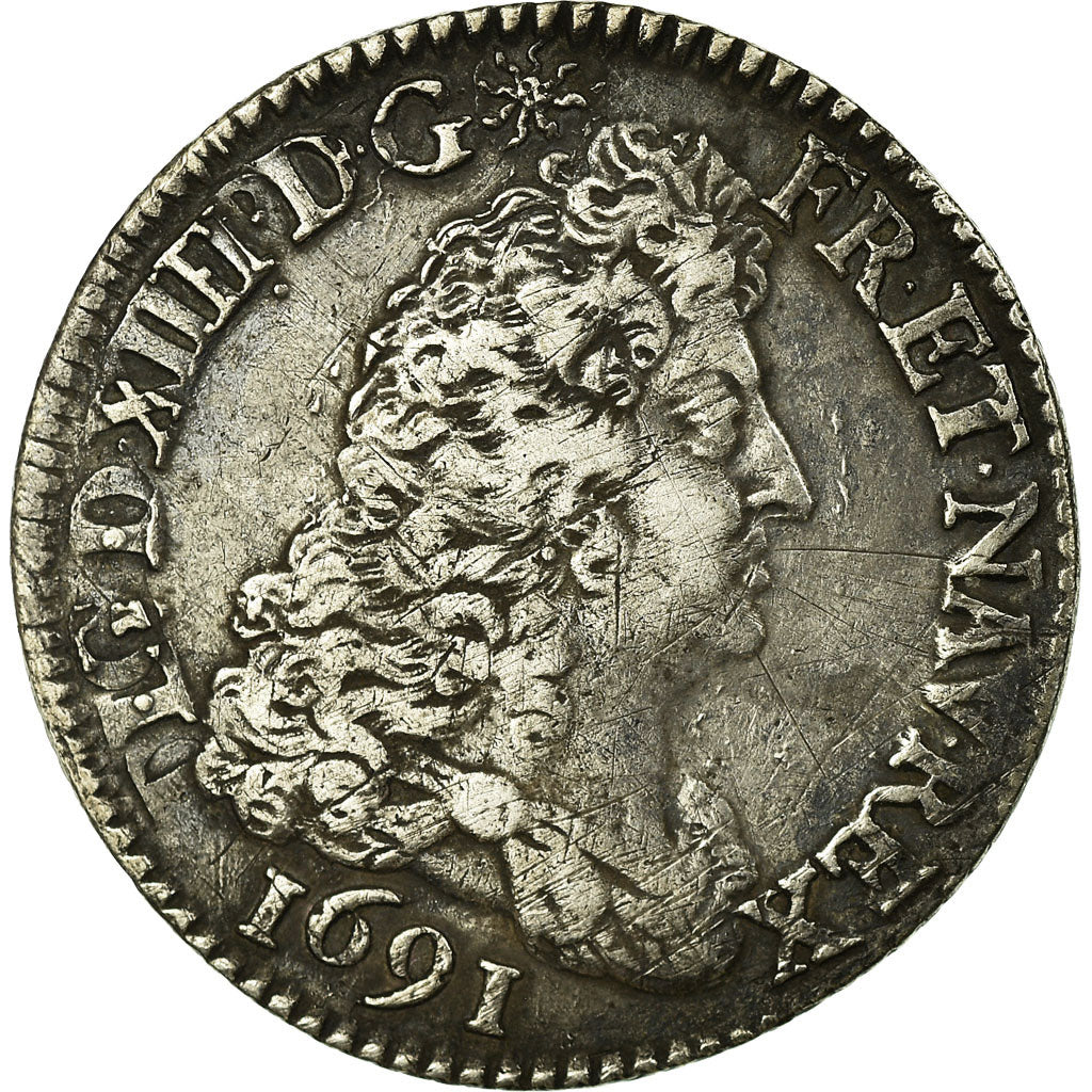 Moneda, Francia, Louis XIV, 1/4 Écu aux 8 L, 1/4 Ecu, 1691, Paris, MBC, Plata