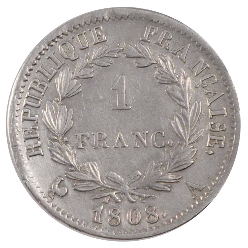 FRANCE, Napoléon I, Franc, 1808, Paris, KM #682.1, AU(55-58), Silver, Gadoury #.