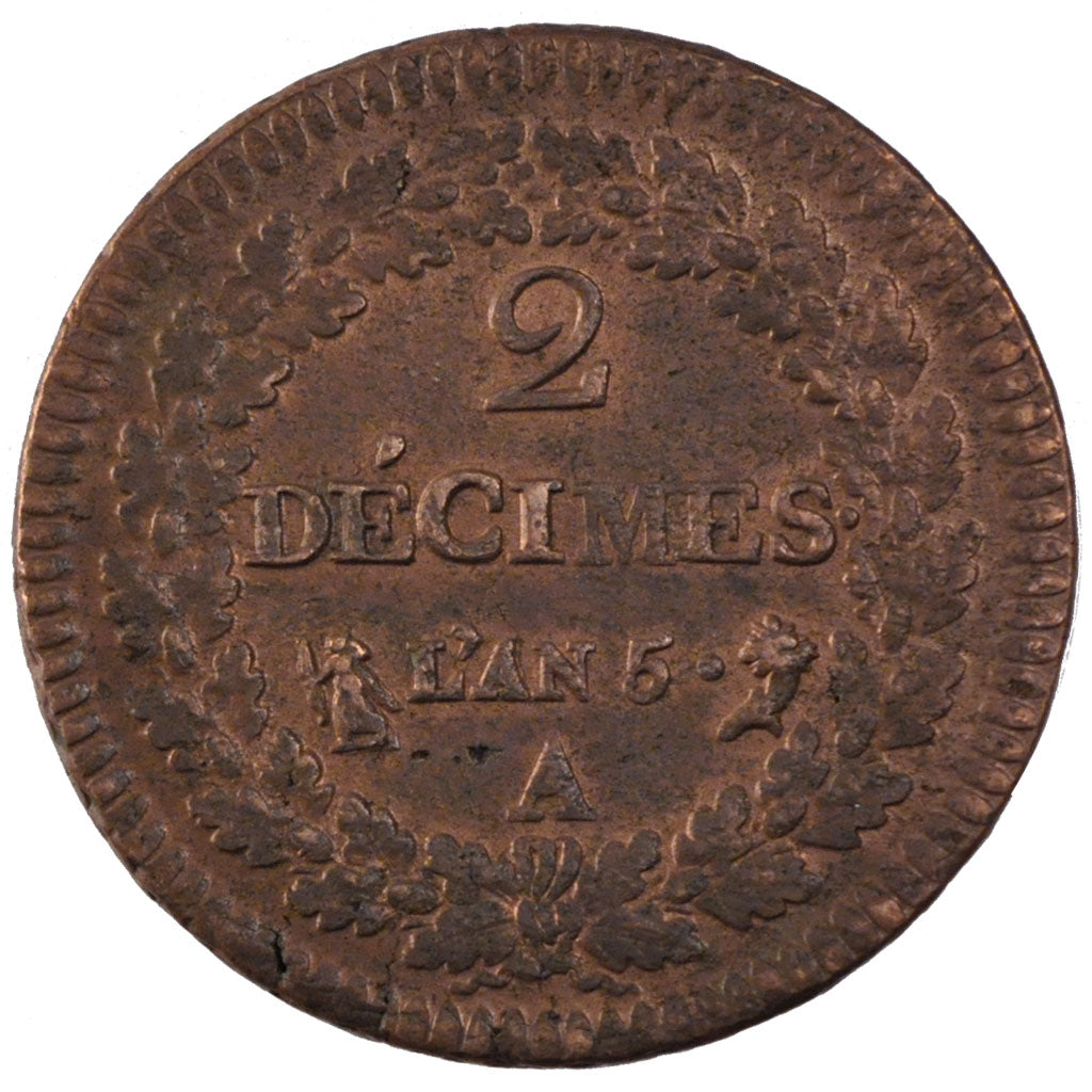 FRANCE, Dupré, 2 Decimes, 1796, Paris, KM #638.1, AU(50-53), Bronze, 31, Gadoury
