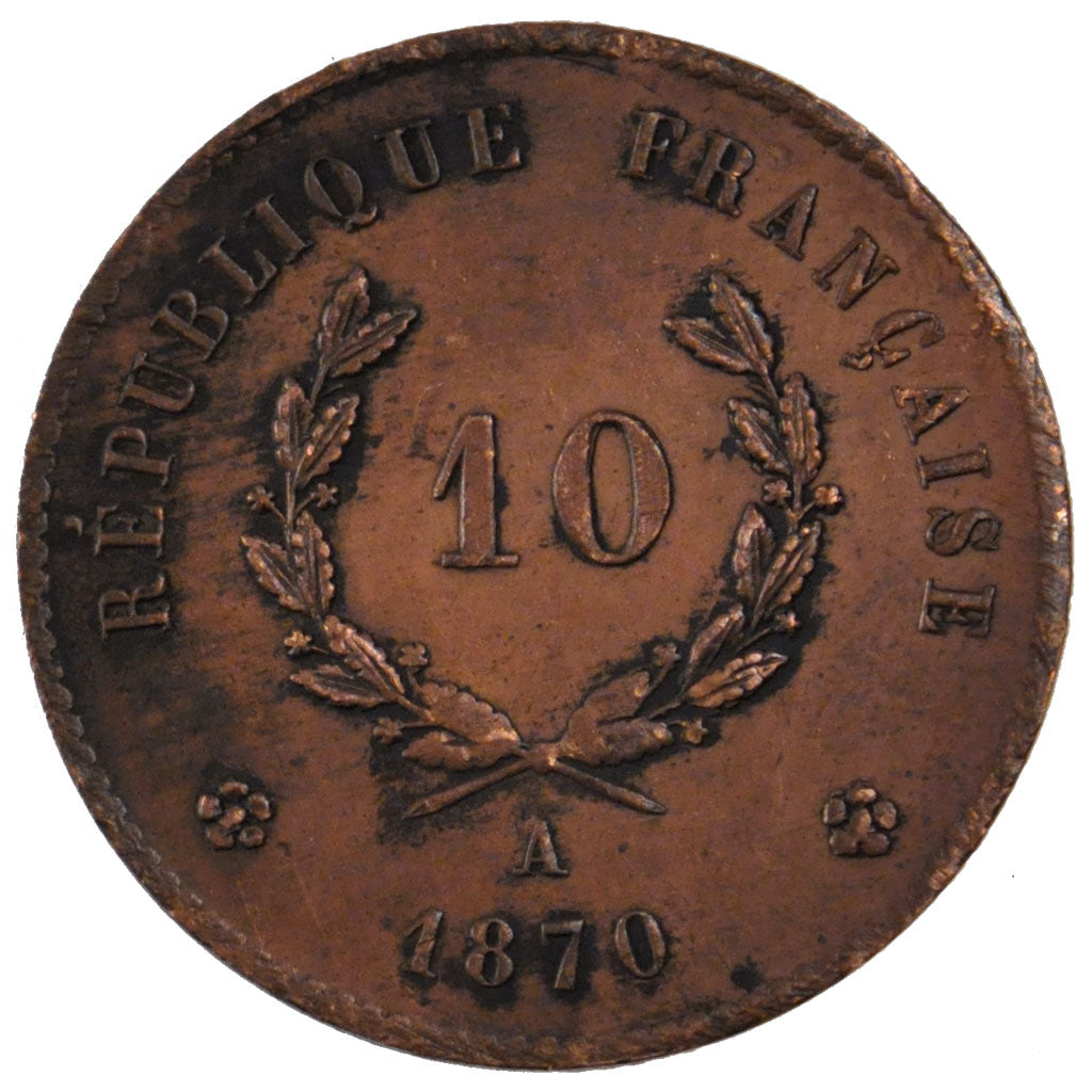 FRANCE, 10 Centimes, 1870, Paris, AU(55-58), Bronze, Gadoury #260, 10.52