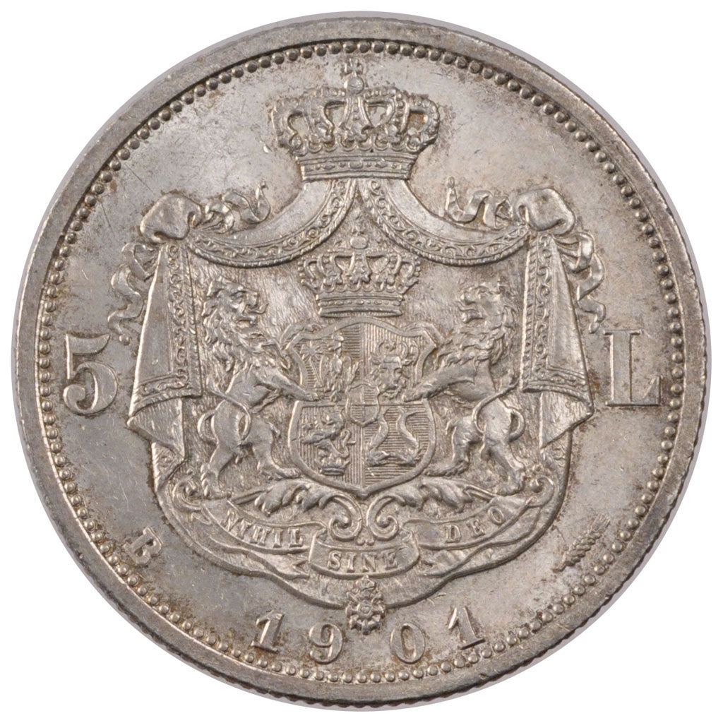 ROMANIA, 5 Lei, 1901, Bucarest, KM #17.2, MS(60-62), Silver, 38, 25.11