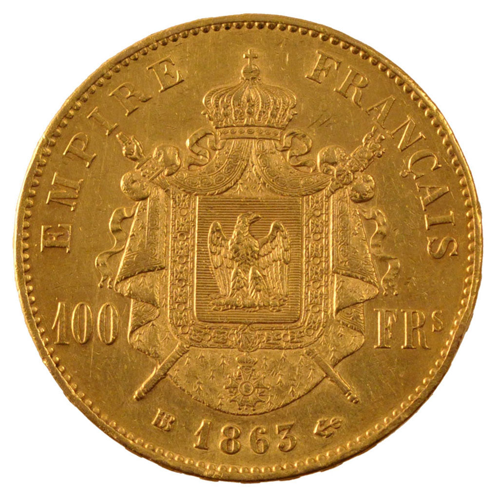 FRANCE, Napoléon III, 100 Francs, 1863, Strasbourg, KM #802.2, AU(55-58), Gold, 