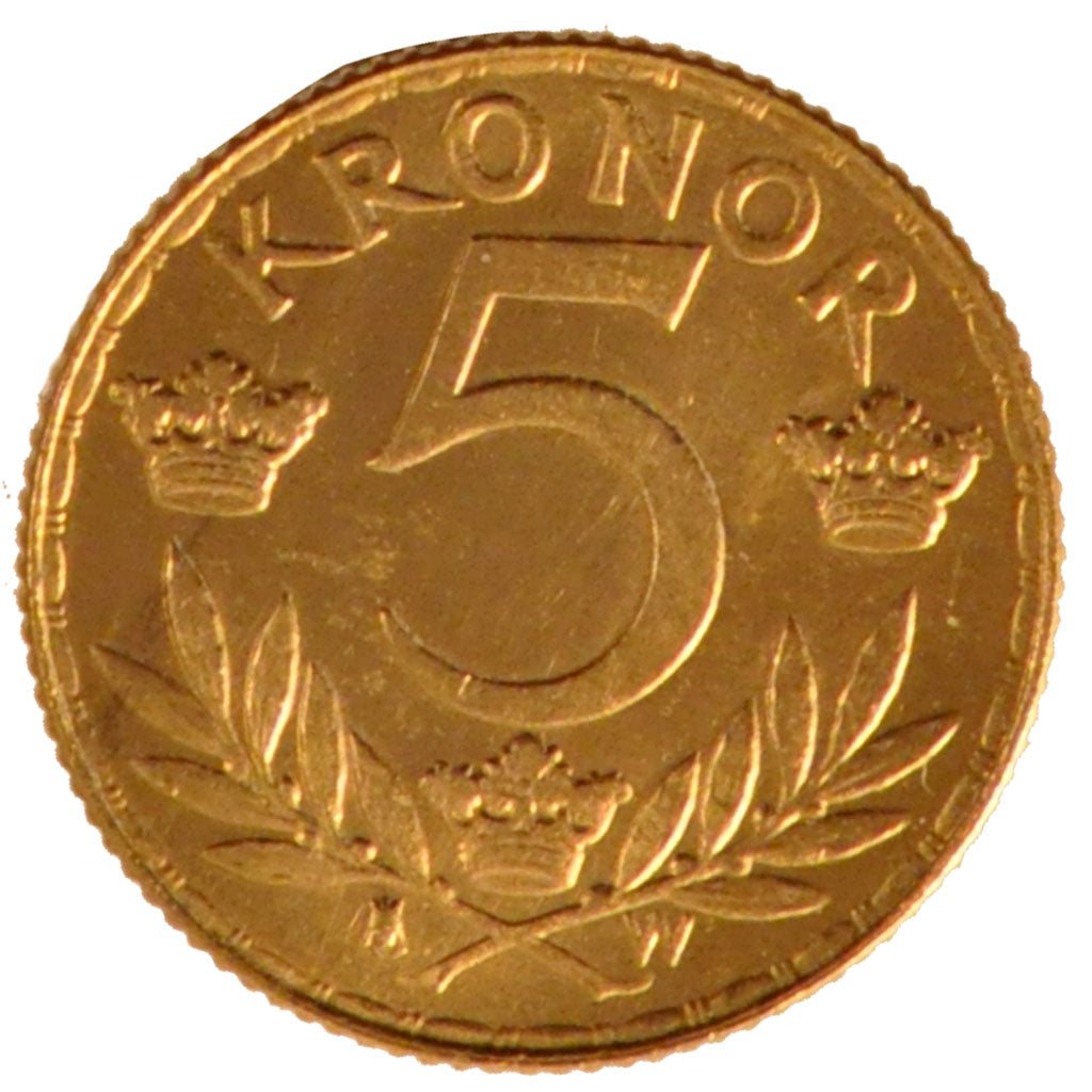 SWEDEN, 5 Kronor, 1920, Stockholm, KM #797, AU(55-58), Gold, 16, 2.24