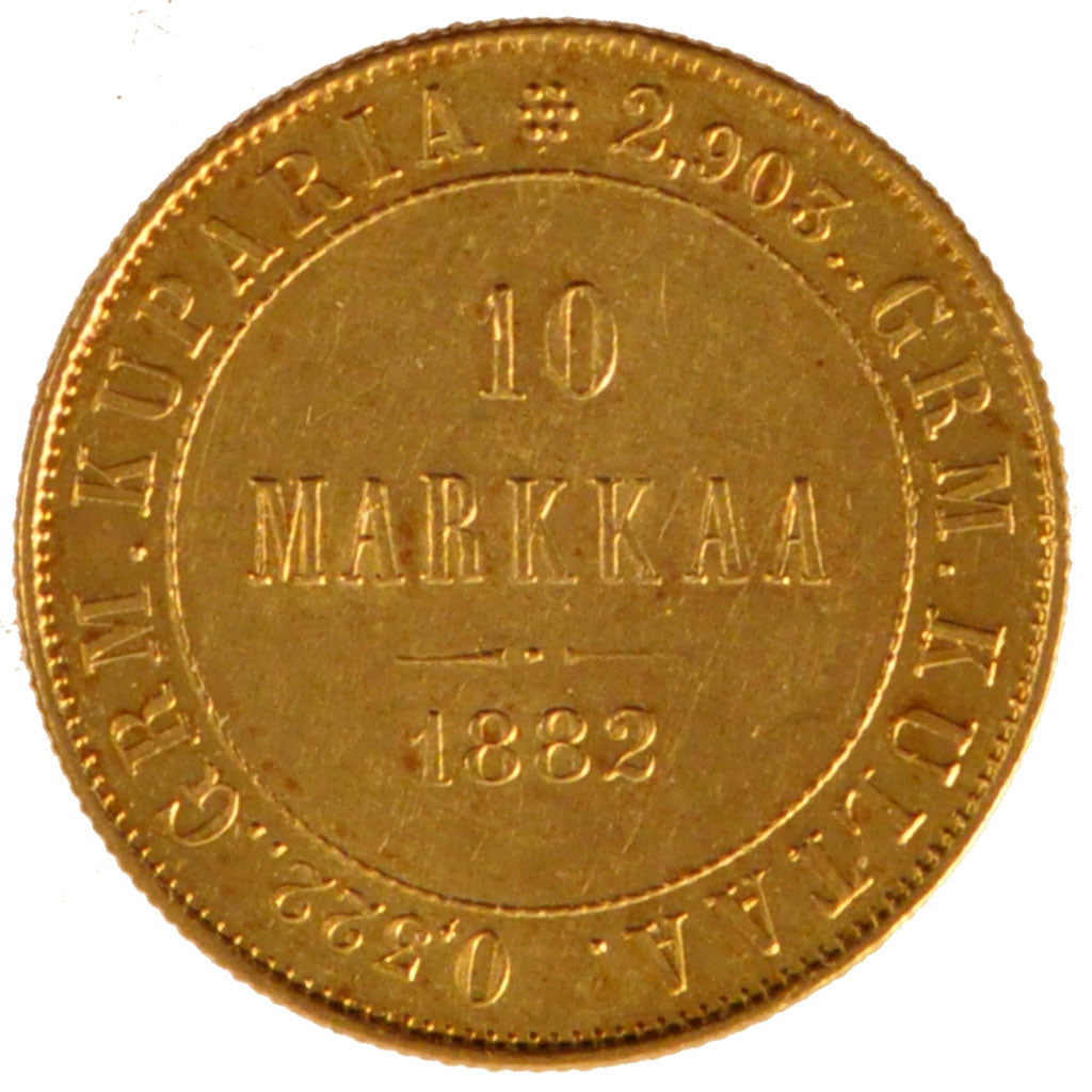 FINLAND, 10 Markkaa, 1882, KM #8.2, MS(60-62), Gold, 18.9, 3.23