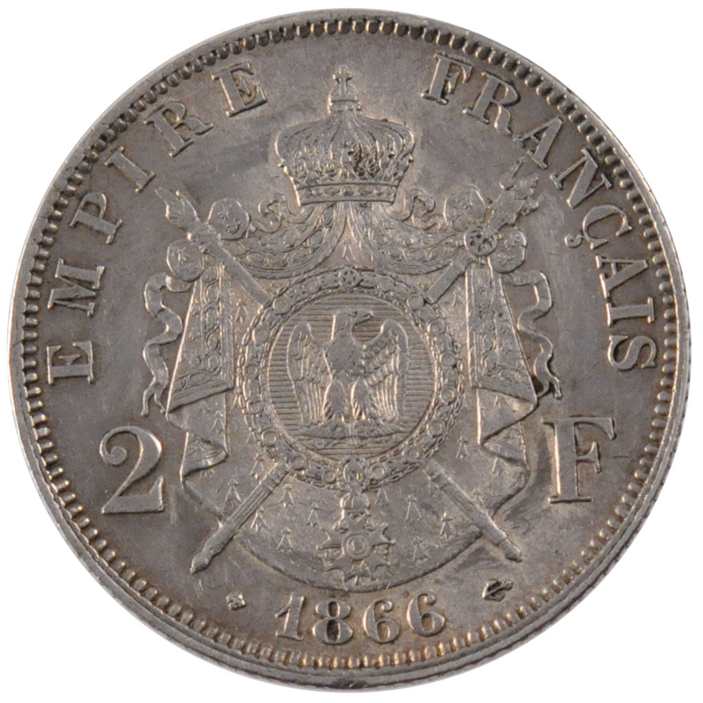 FRANCE, Napoléon III, 2 Francs, 1866, Strasbourg, KM #807.2, AU(55-58), Silver,