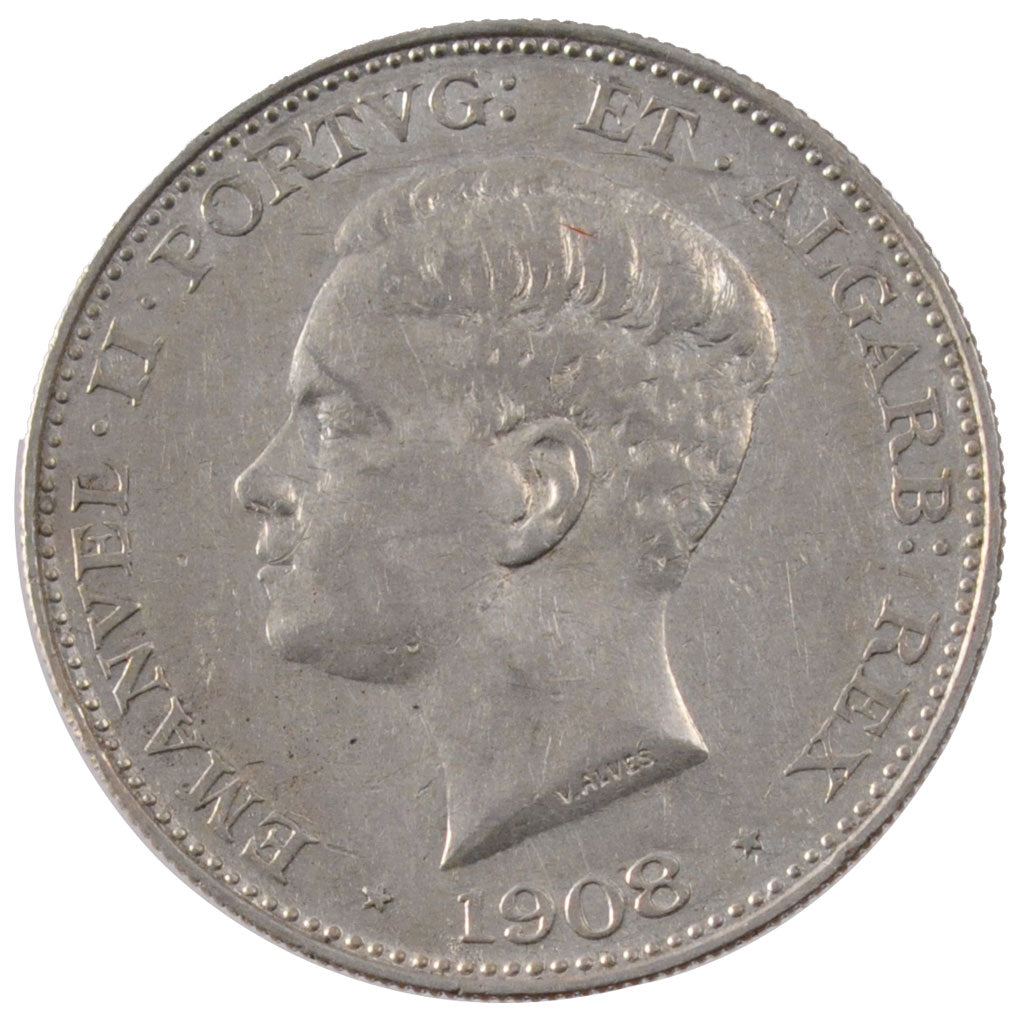 PORTUGAL, 500 Reis, 1908, KM #547, AU(55-58), Silver, 30, 12.56