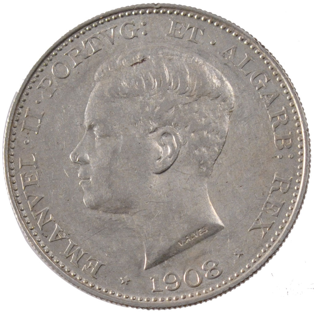 PORTUGAL, 500 Reis, 1908, KM #547, AU(55-58), Silver, 30, 12.59