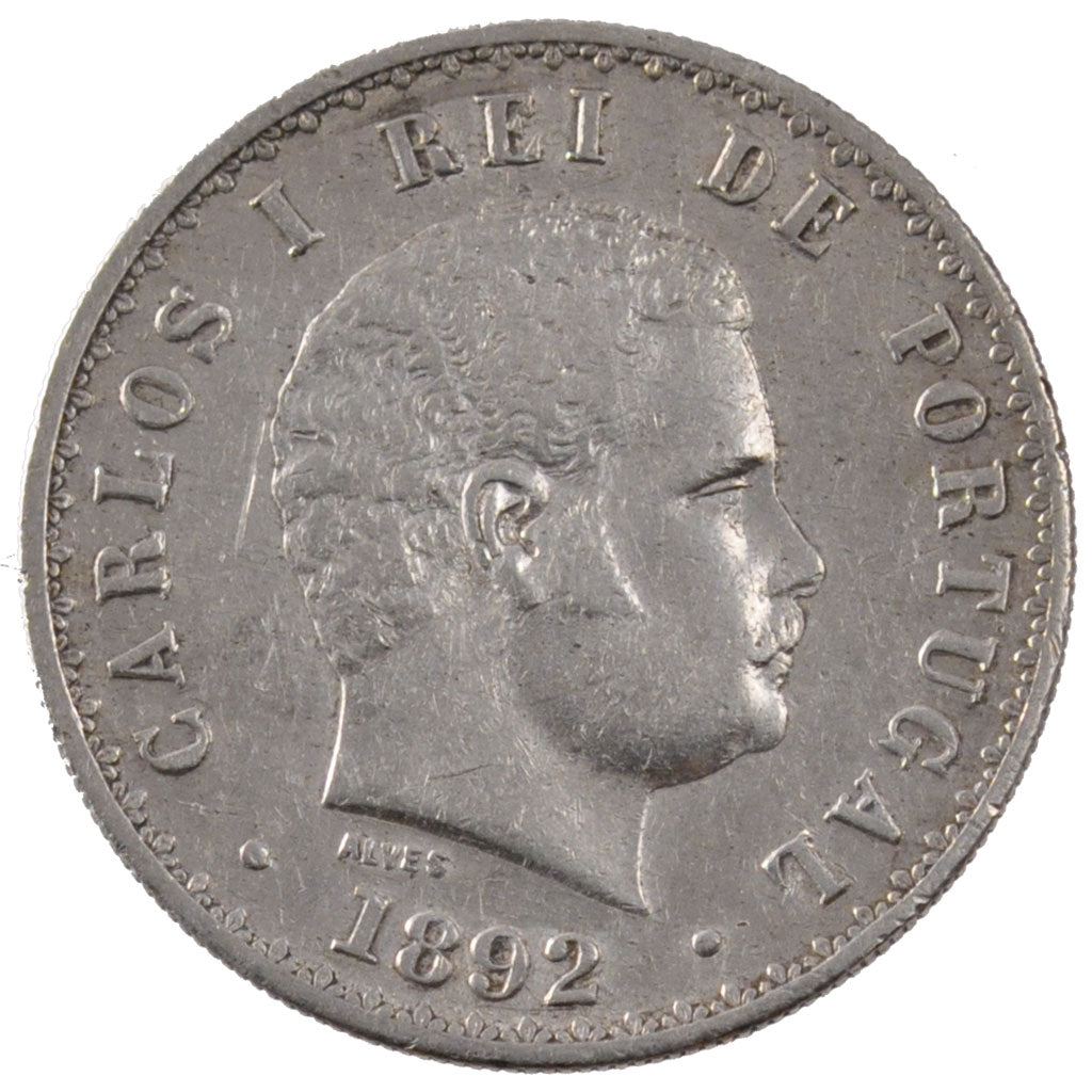PORTUGAL, 500 Reis, 1892, KM #535, AU(50-53), Silver, 30, 12.64