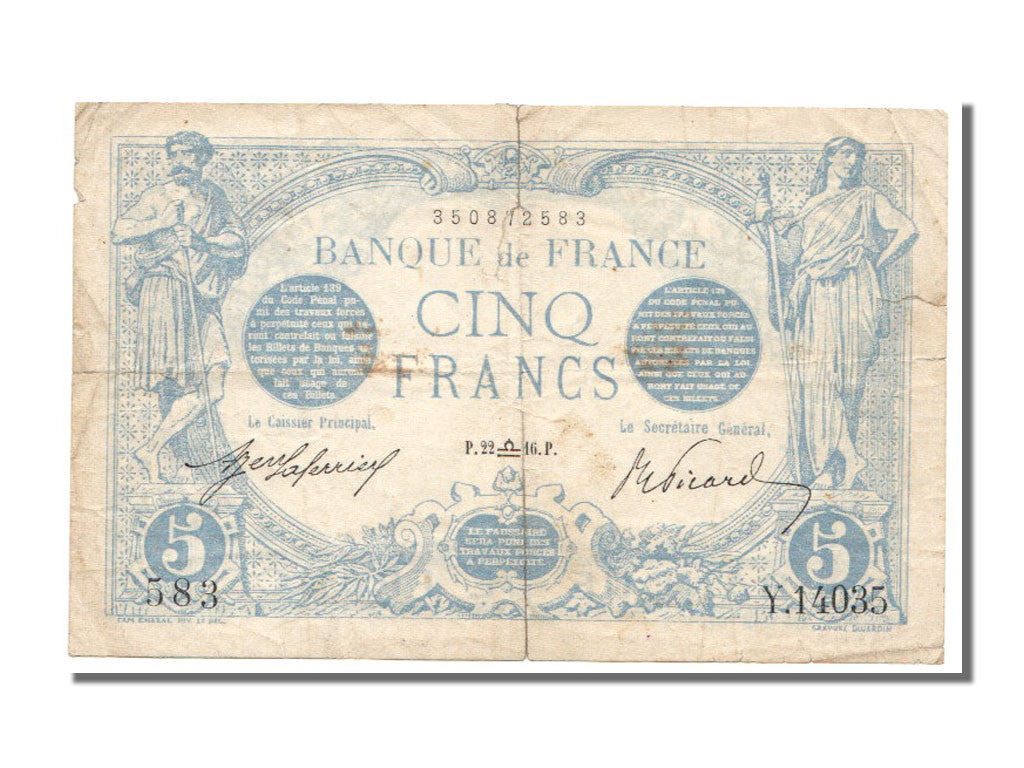 Banknote, France, 5 Francs, 5 F 1912-1917 ''Bleu'', 1916, 1916-09-22, VF(30-35)