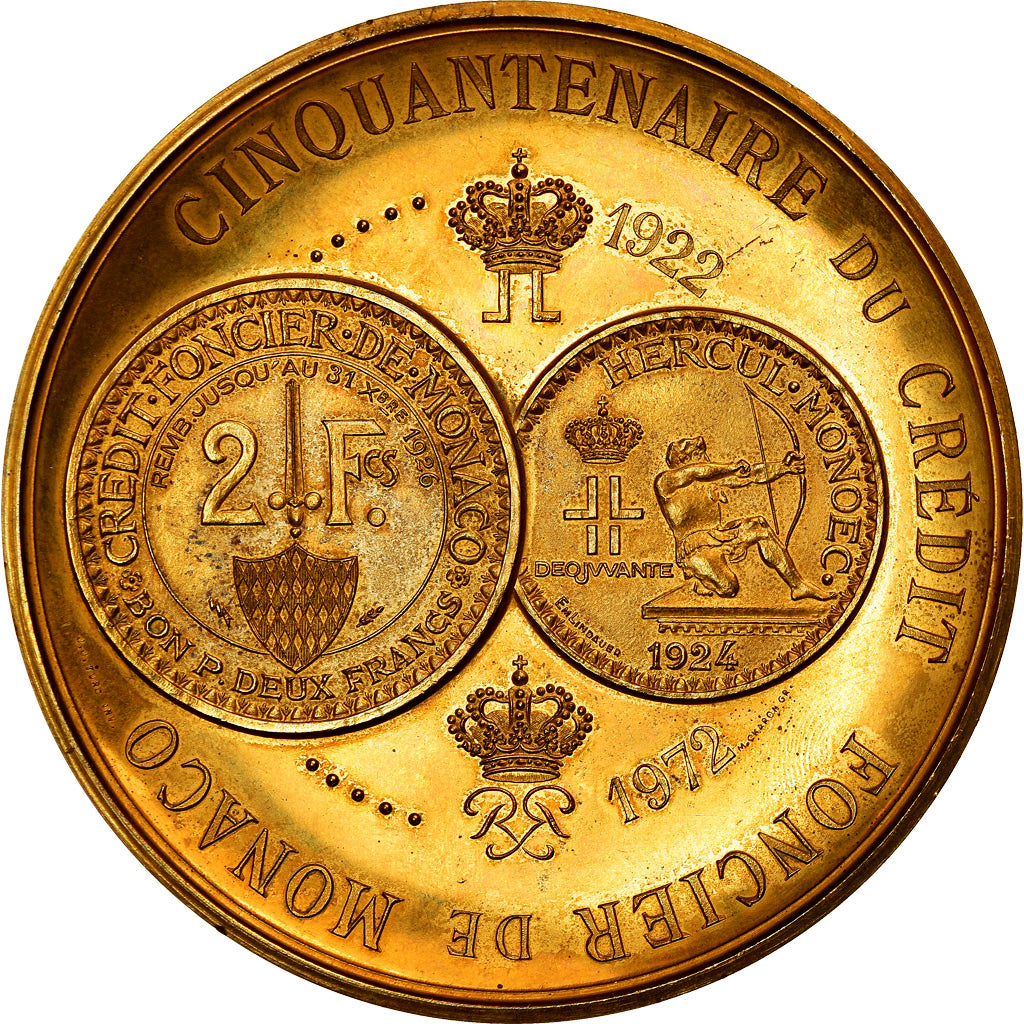 Monaco, Medal, Cinquantenaire du Crédit Foncier, 1972, MS(60-62), Gilt Bronze