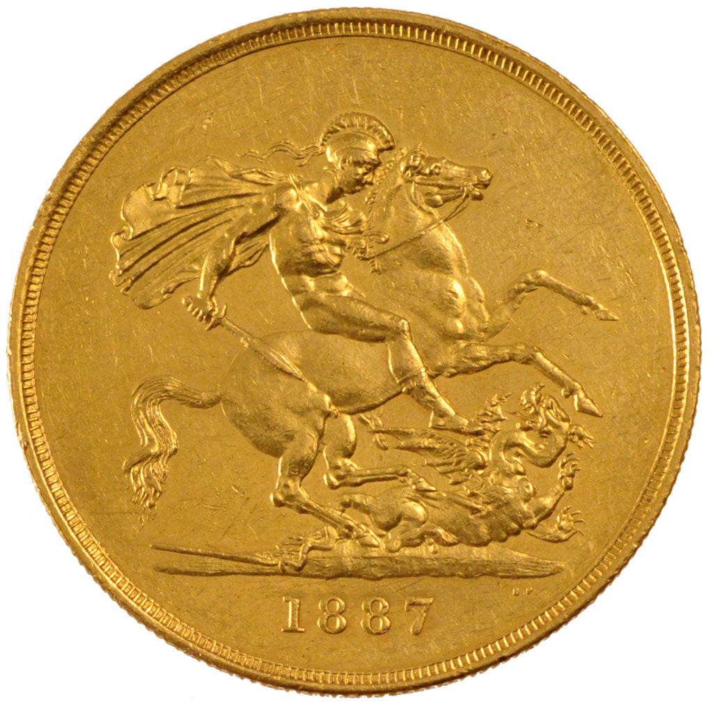 GREAT BRITAIN, 5 Pounds, 1887, London, KM #769, AU(55-58), Gold, 40.09