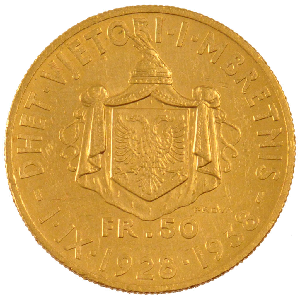 ALBANIA, 50 Franga Ari, 1938, Rome, KM #25, AU(50-53), Gold, 16.16