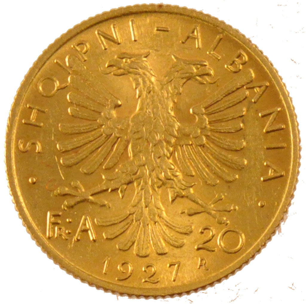 ALBANIA, 20 Franga Ari, 1927, Rome, KM #10, AU(55-58), Gold, 21, 6.45