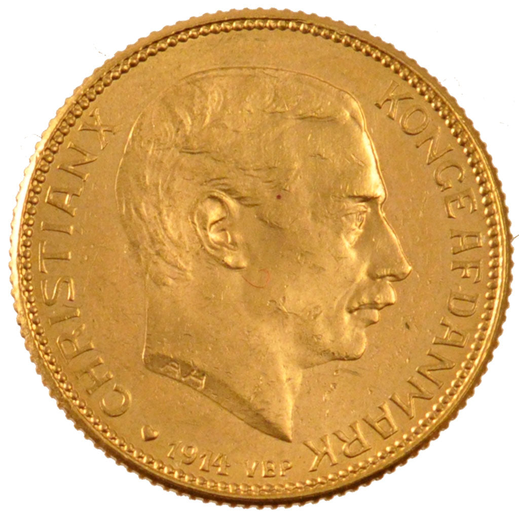 DENMARK, 20 Kroner, 1914, Copenhagen, KM #817.1, AU(55-58), Gold, 8.96